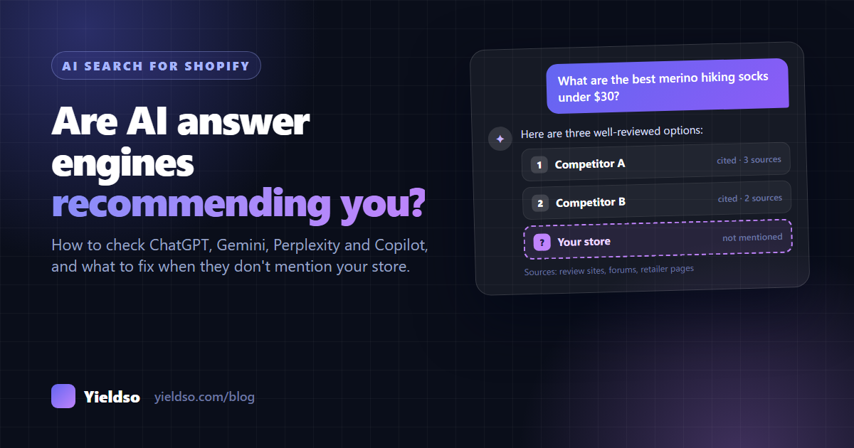 A chat assistant answering 'What are the best merino hiking socks under $30?' with two competitors listed and the reader's store not mentioned